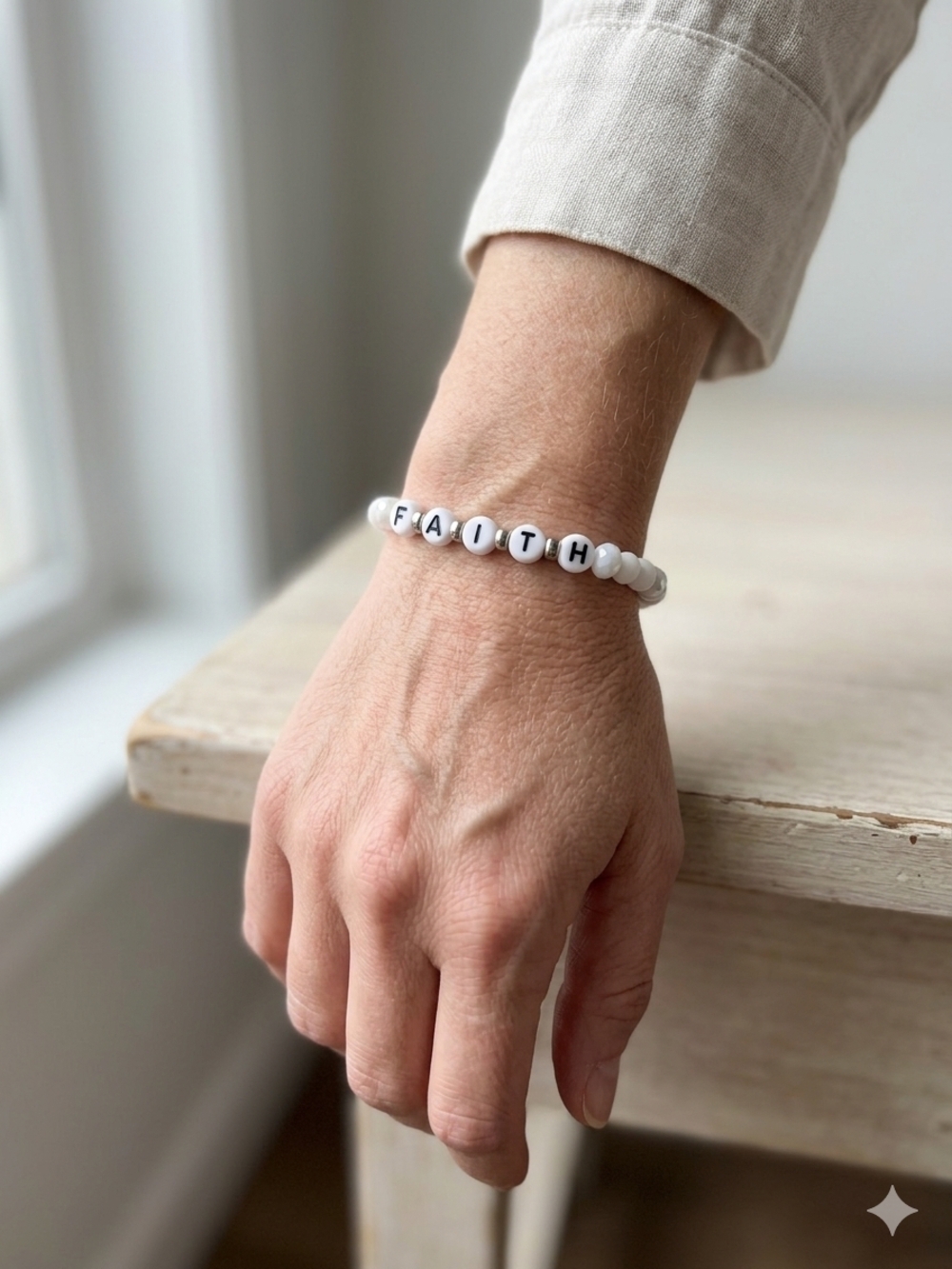 Handmade 7 Inch Faith Letter White Beaded Bracelet